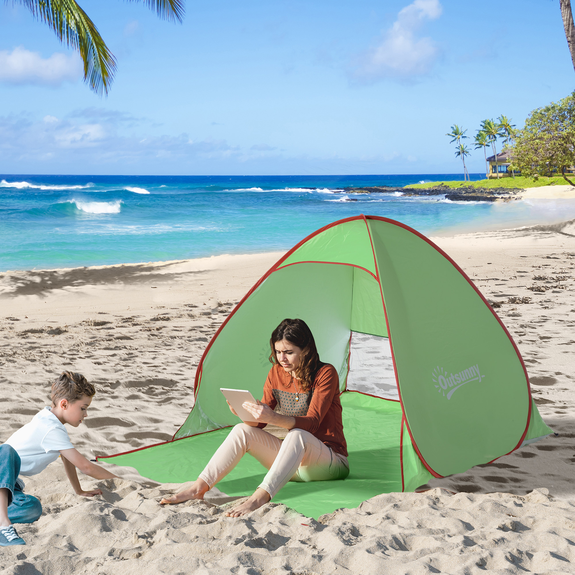 Outsunny Tenda da Spiaggia Pop Up con Protezione UV 30+ e Borsa di Trasporto, 200x150x119 cm, Verde