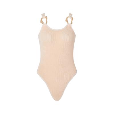 Badeanzug MODA MINX "SCRUNCH", Damen, Gr. XS, beige (weiß), 97% Polyamid, 3% Elasthan, unifarben, Badeanzüge Badeanzug, mit tollen Schmuck-Elementen