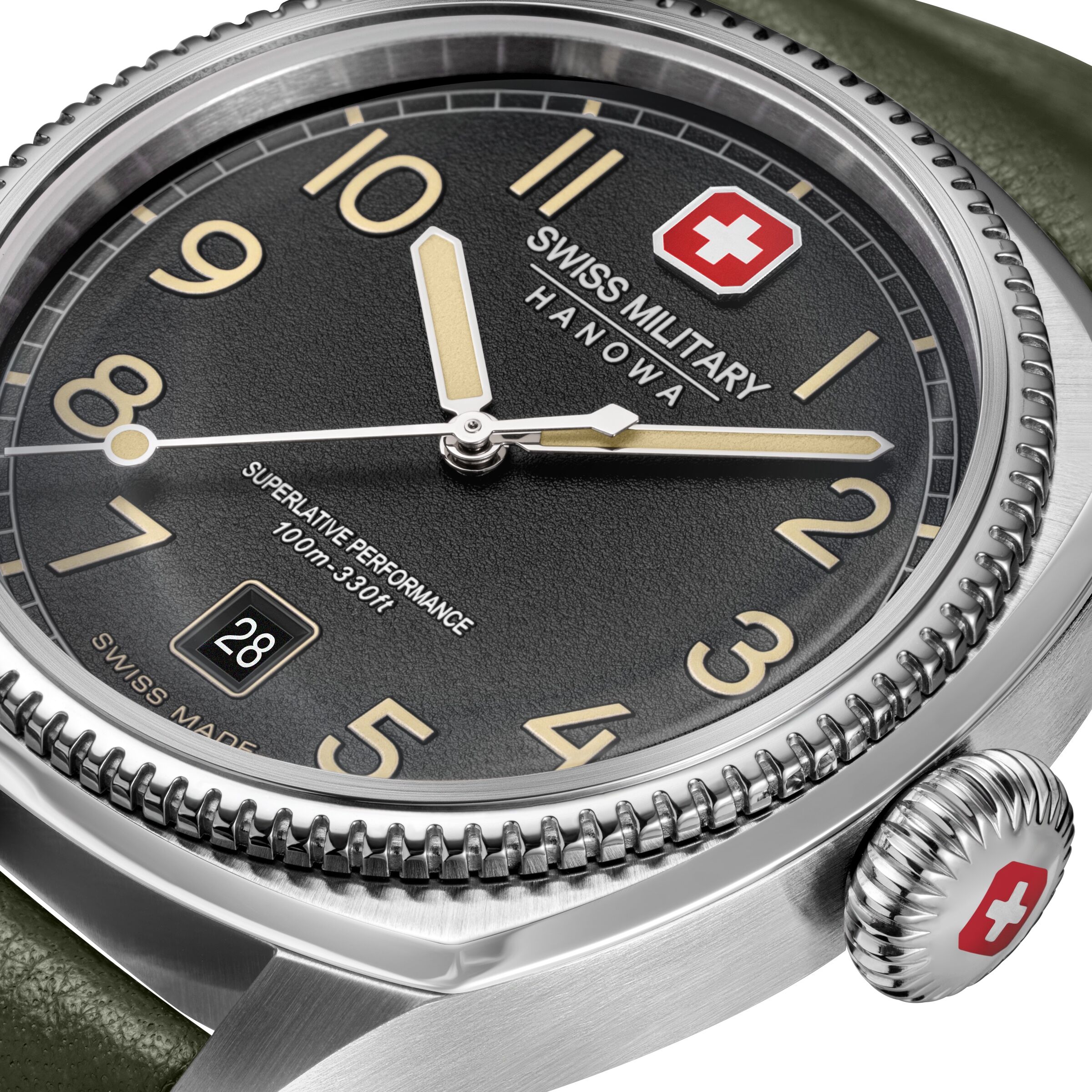 Quarzuhr "Condor", grün (grün, schwarz), SWISS MILITARY HANOWA, Armbanduhren, Herren, silberfarben, Quarzuhr, Armbanduhr, Herrenuhr, Swiss Made, Lederarmband, analog, Tag