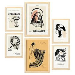 POSTER Set Mit 6 In Schwarzer Tinte Tapfer Kunstdrucke Im Skizzenstil Für Innenarchitektur A3 & A4 Rahmen Aus Hellem Holz