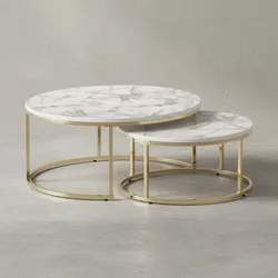 KADIMA DESIGN Couchtisch-Set mit Marmor-Optik, Metallgestell, 80x80x36 cm & 60x60x26 cm, ineinanderschiebbar.