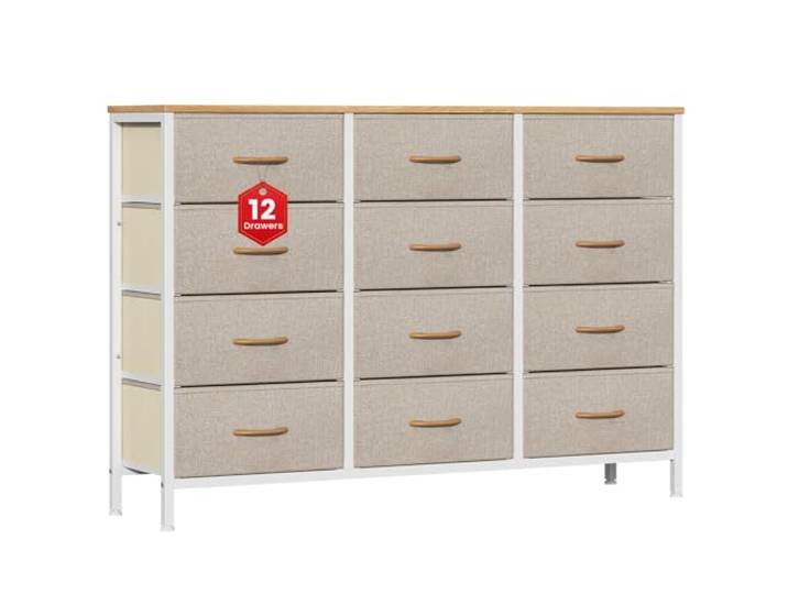 Noblik Kommode mit 12 Schubladen, Stoffkommode mit Metallrahmen und MDF-Holzplatte, verstellbare Füße, Kippsicherung, Aufbewahrung Kommode für Schlafzimmer, Wohnzimmer, Kleiderschrank, Khaki