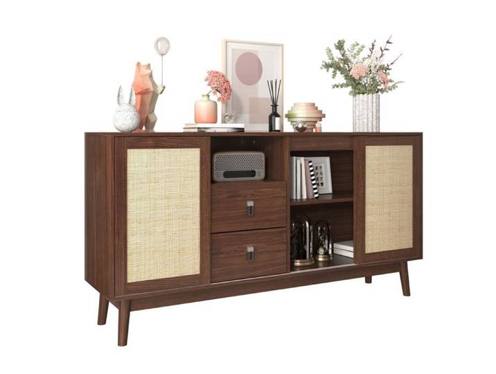 Buffet bas - SOGEU - 160x40x80 - portes coulissantes rotin - 2 tiroirs - pieds bois massif
