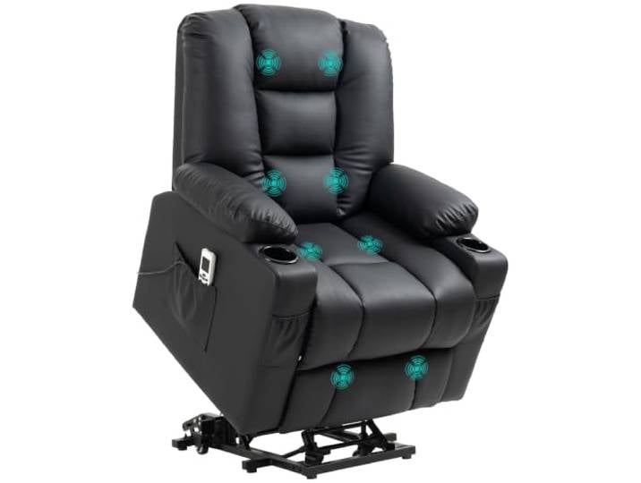HOMCOM Fernsehsessel mit Aufstehhilfe Elektrisch mit USB Schwarz Massage- & Liegefunktion, Massagesessel mit Fernbedienung, Relaxsessel, Becherhalter, Seitentasche, Zweiteiligen Fußstütze