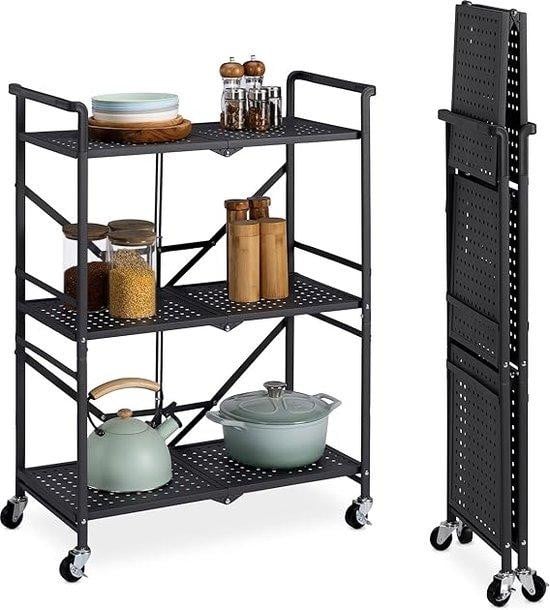 Moderne zwarte metalen serveerwagen met wielen, mat zwart