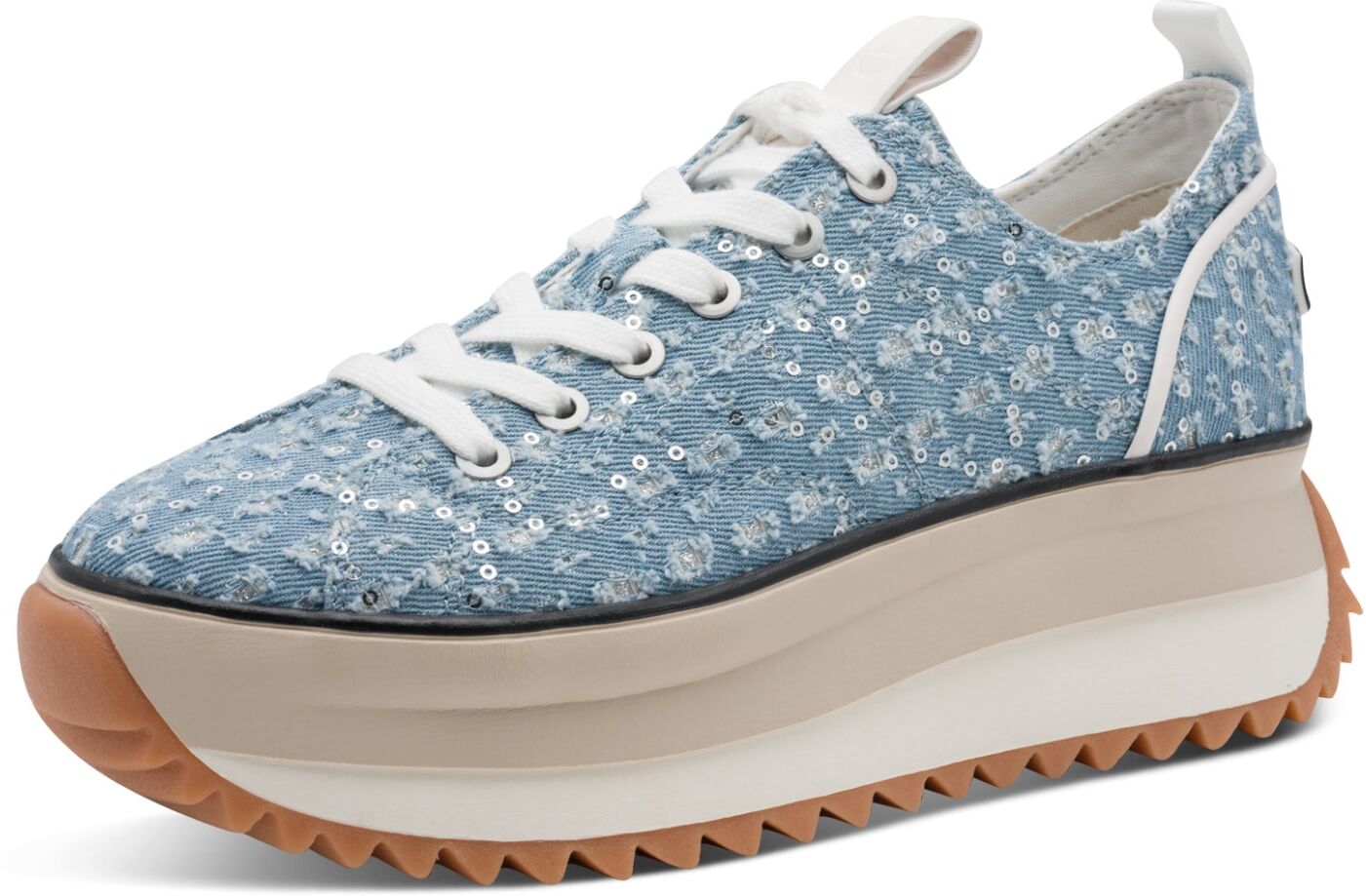 Plateausneaker TAMARIS "Milena", Damen, Gr. 38, Synthetik Textil, denim, pailletten, Synthetik, Textil, unifarben, Schuhe Plateausneaker, Freizeitschuh, Halbschuh, Schnürschuh in veganer Verarbeitung denim, pailletten 38, Synthetik Textil