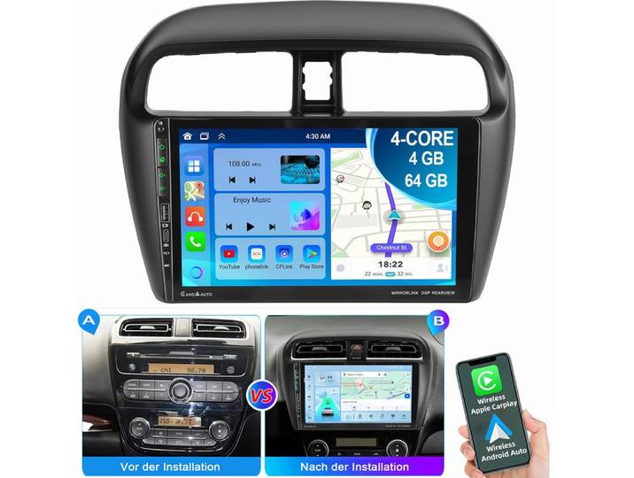 ESSGOO 9 Autoradio Für Mitsubishi Mirage Space Star Navi Carplay Autoradio (RDS, Digitalradio (DAB), FM, AM)