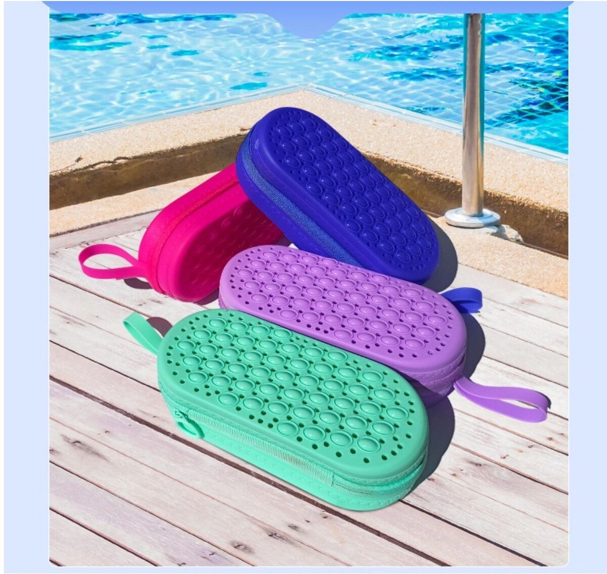 INF Boîtier de rangement pour lunettes de natation en silicone - Anti-choc, ventilé avec évacuation, organiseur pour lunettes Bleu foncé