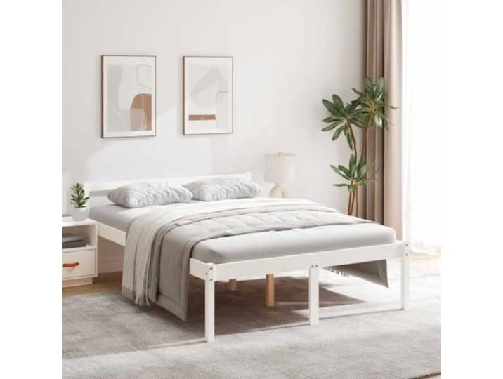 Massives Kiefernholz Seniorengerecht mit 45 cm Sitzhöhe Weiß 140x200 cm Seniorenbett Weiß 140x200 cm Massivholz Kiefer Bettgestell mit Lattenrost Hohes Bett Pflegebett Komfortables Kopfteil