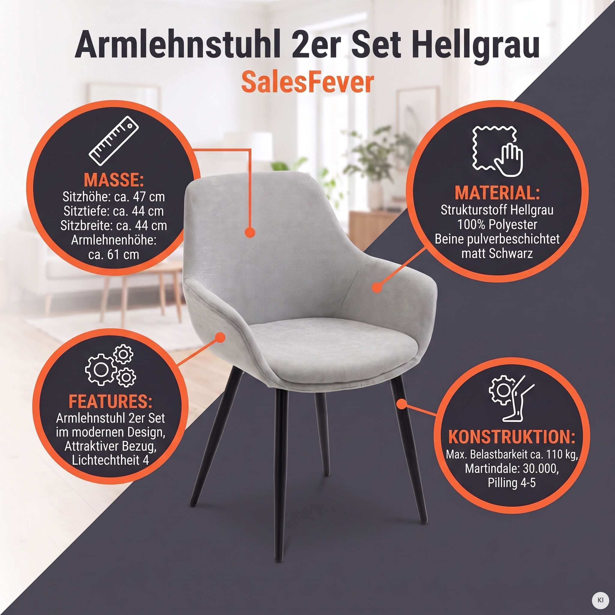 Armlehnstuhl SALESFEVER "Komfortabler Esszimmerstuhl zum Relaxen", grau (hellgrau, schwarz, schwarz, hellgrau), B:64cm H:86cm T:59cm, Metall, Polyester, Stühle, Armlehnstuhl