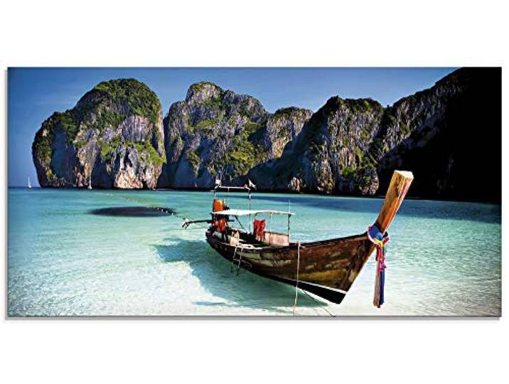 ARTland Wanddeko Glasbilder Wandbild Glas Bild einteilig 100x50 cm Querformat Strand Meer Südsee Boot Thailand Maya Bay KOH Phi Phi Felsen Natur T5VI