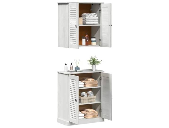 KTHLBRH Badezimmermöbel-Set, 2-teilig, Antikweiß, 68 x 34 x 150 cm Massives Kiefernholz, 5 Einlegeböden, 4 Türen, Wandschrank und Unterschrank