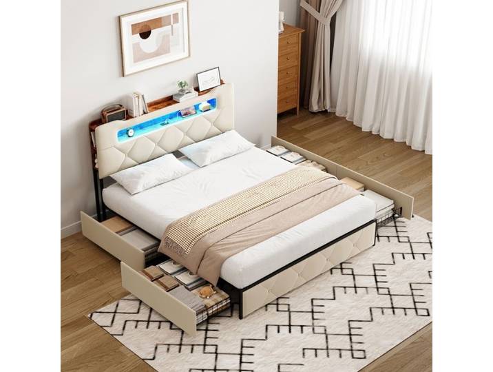 lit double 160x200 lit 160x200 avec sommier Lit Capitonné avec tiroirs avec port USB et LED cadre de lit velours Beige