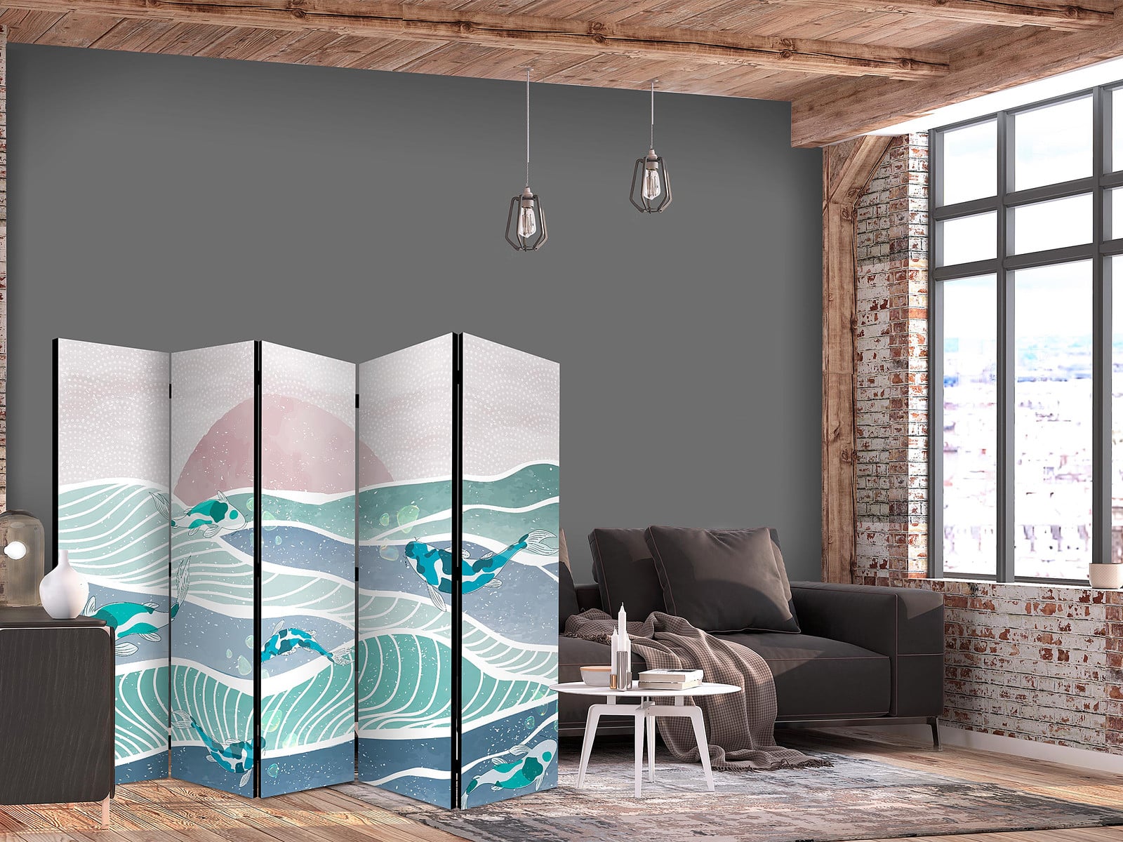 home24 Kamerscherm Landscape With Fish 1-zijdig grijs 225 x 172 cm