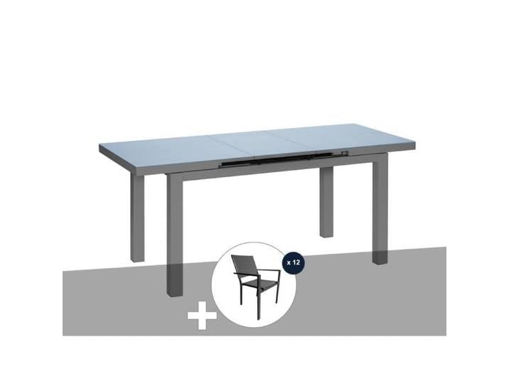 Table de jardin rectangulaire extensible en aluminium Ibiza Anthracite 10/12 places + 12 chaises - Jardiline