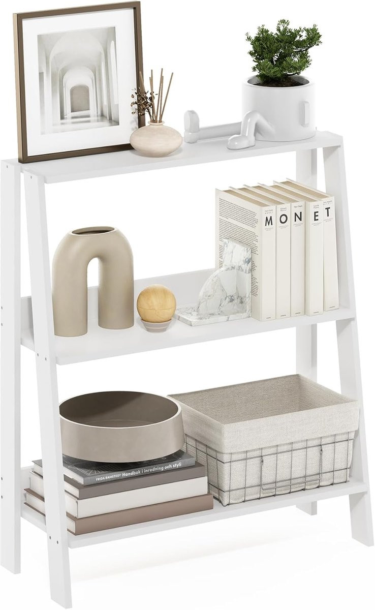 Boekenkast Ladder XL Wit Wandplank Set met 3 Lagen Ruimtebesparend Display Rek