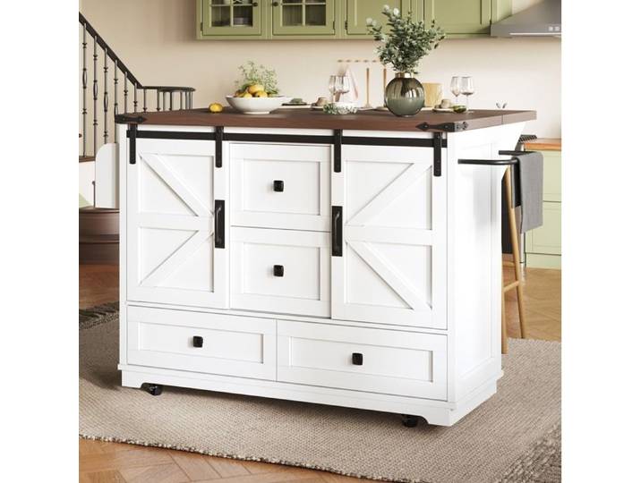 Desserte de cuisine blanche 142.5x45x92.5 cm plateau rabattable portes coulissantes MDF