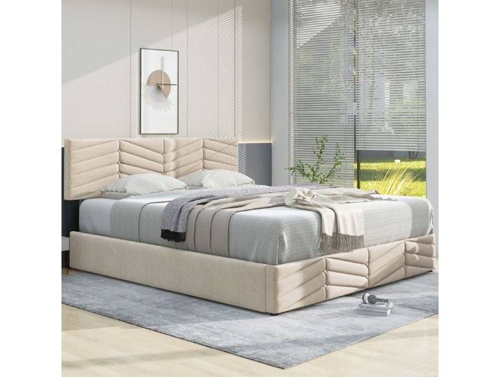 Lit coffre - VVBV - Lit rembourré 140x200 - Velours beige - Sommier à lattes - Coffre hydraulique