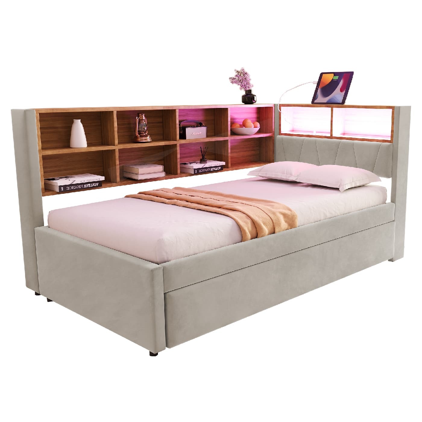 Schlafsofa(hellgrau)Ausziehbett,ausgestattet mit LED Leuchten,Steckdosen und vielen Ablagefächern,Polsterbett,Multifunktionsschlafsofa,Einzelbett