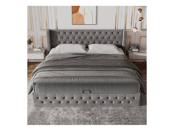 MODFU Polsterbett Doppelbett mit Bettkasten gepolstertem Kopfteil (Bettunterseite ist mit schmutzabweisenden schwarzen Vliesstoff, Grau, Bettunterseite ist mit schmutzabweisenden schwarzen Vliesstoff, Grau), 140x200cm Ohne-Matratze