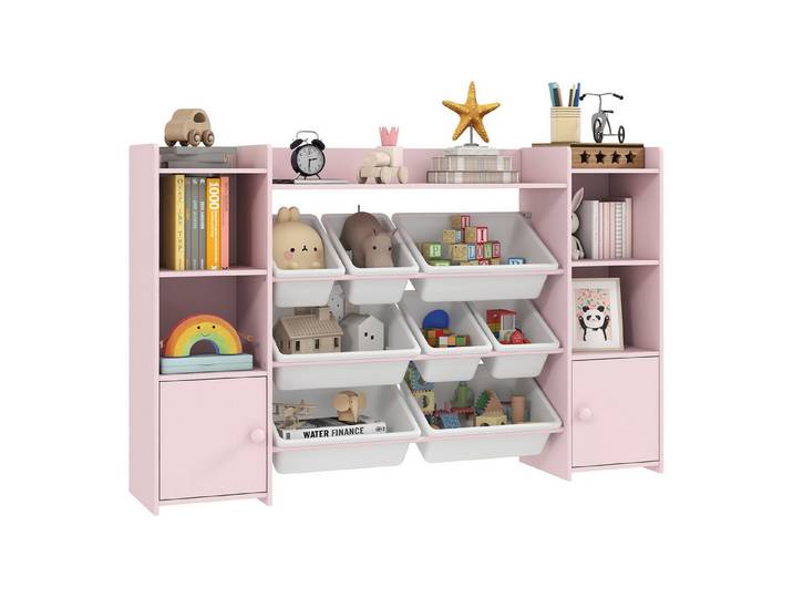 MODFU Kinderregal Rosa mit 8 Boxen für Spielzeug und Bücher Aufbewahrung, Herausnehmbare Boxen für einfaches Sortieren von Spielzeug & Büchern 1-tlg., Praktisches Aufbewahrungsregal für mehr Ordnung im Kinderzimmer