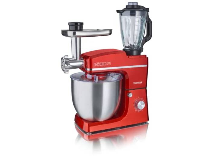 HEINRICHS 3 in 1 Universal Küchenmaschine, Küchengerät 1500W, 6 Geschwindigkeitsstufen, Multifunktionale Knetmaschine mit Fleischwolf, 1.5L Mixerbehälter, XXXL 10L Edelstahlschüssel (Rot)