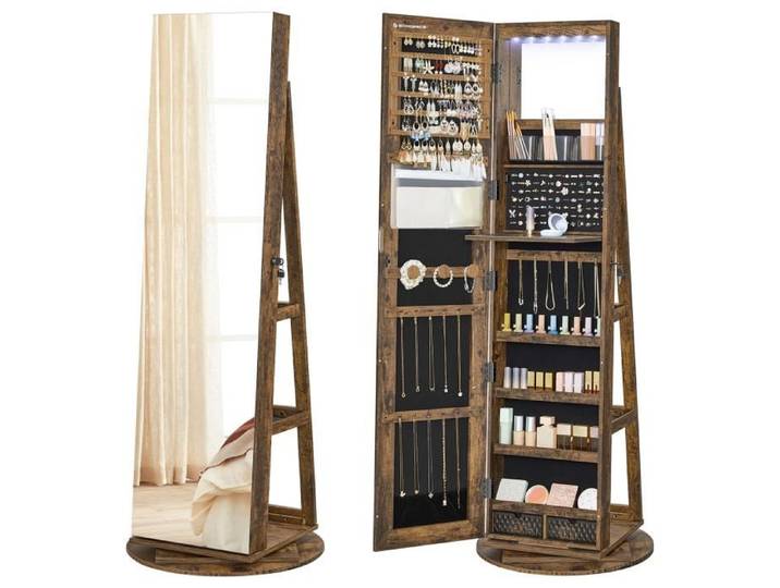 Armoire à Bijoux - SONGMICS - Pivotant 360° - 6 LED - 120 Places pour Bijoux - Marron Rustique