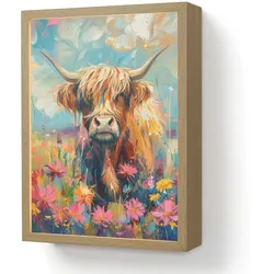 WANDLEUCHTE MIT AKKU Schottische Hochländer - Natur - Farbenfroh - Blumen LED 30x40 cm Wandlampe