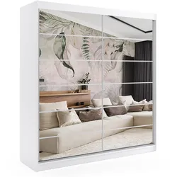 KLEIDERSCHRANK mit Spiegel-Schiebetüren und Aluminium-Leisten, LED-Beleuchtung - FLORA - 200 cm Weiß