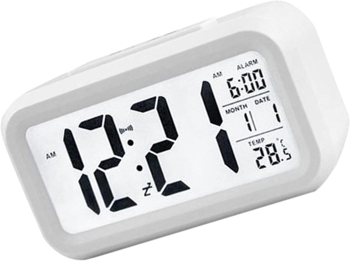 PolkaHome Digitale Wekker met Verlicht LCD Display, Stille Tafelklok met Datum- en Temperatuurfunctie en Belalarm, Kunststof