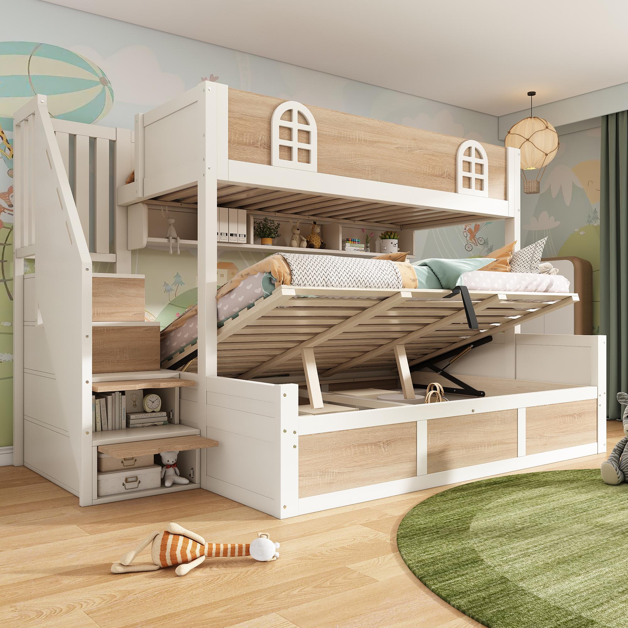 okwish Etagenbett 90/140x200 Stockbett mit Treppenschrank und Bettkasten,Kinderbett Jugendbett mit Lattenroste und Rausfallschutz,Natur(mit Matratze)