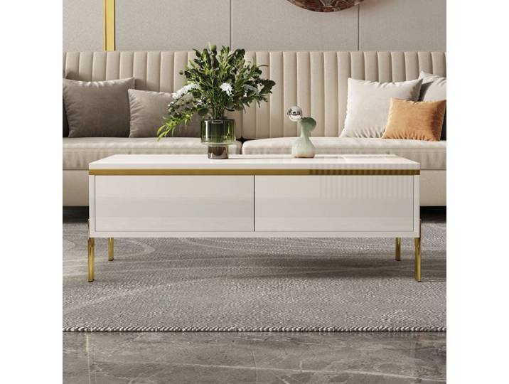 Table Basse - Moderne - Blanc Brillant - 100x50x36 cm - 2 Tiroirs - Pieds en Métal