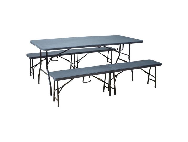 P & B Tischgarnitur 3-Tlg., Anthrazit, Metall, Kunststoff, 3-teilig, 74x74x180 cm, Tisch klappbar, Bank klappbar, Gartenmöbel, Gartengarnituren, Gartenmöbel-Sets
