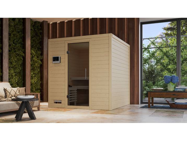 Sauna KARIBU Menja , beige (naturbelassen), Saunaofen, integrierte Steuerung, 9 kW, Saunen, Sauna, 9-kW-Ofen mit integrierter Steuerung