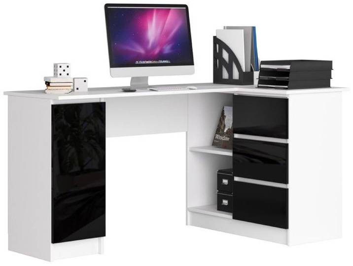Grand bureau d'angle AKORD droit B20 Blanc 155 cm 1 porte 3 tiroirs façade Noir Brillant 4 étagères 155x85x77 cm