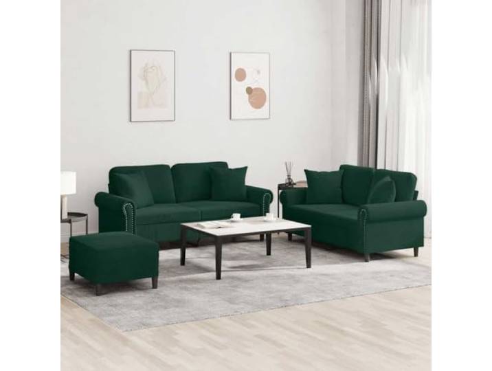 HEFZGDB 3-TLG. Sofagarnitur mit Kissen Dunkelgrün Samt, Weiche Polsterung und Robustes Gestell für Langlebigkeit, Vielseitiger Hocker als Sitzgelegenheit oder Fußablage, Ideal