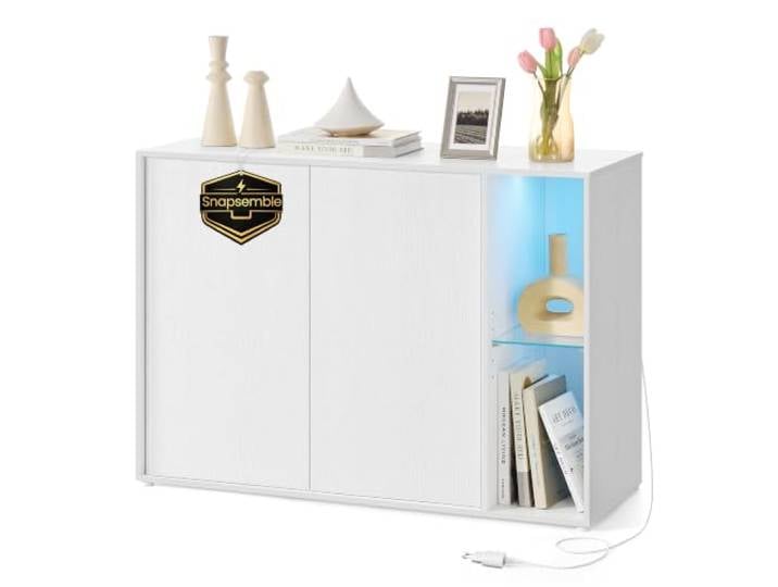 SONGMICS HOME Sideboard, Snapsemble, TV-Schrank mit LED-Beleuchtung Aufbewahrungsschrank Wohnzimmer, verstellbare Ablagen, Modern basic, Schneeweiss, KADIN Kollektion BBK372W01
