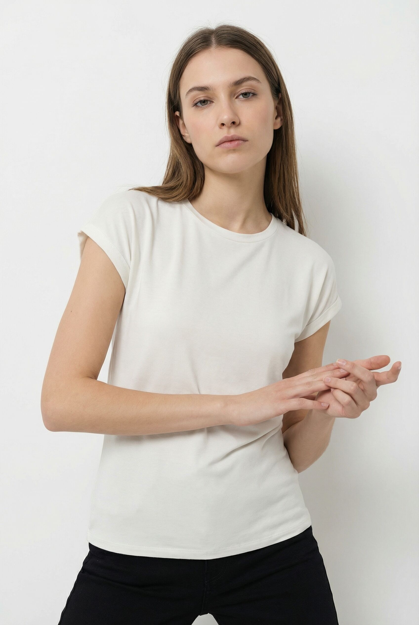 Vero Moda "VMBRIANNA SS O-NECK PULLOVER BOO REP" mit überschnittenen Schultern mit Umschlagsaum snow weiß detail:solid M
