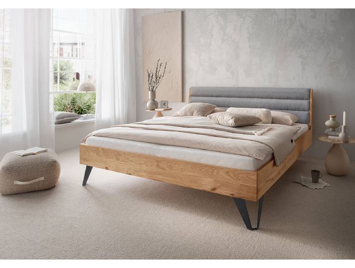 Massivholzbett Walio mit Polsterkopfteil 140 x 200cm Webstoff Braun Eiche