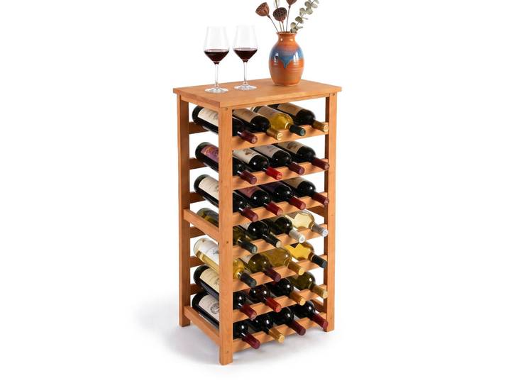 Relaxdays Weinregal Natur Walnussholz 28 Flaschen, Hellbraun, Holz, 47x94x26 cm, Wohnzimmer, Regal, Weinregal