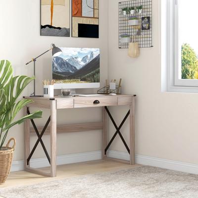 HOMCOM Industrial Retro Style Wooden Modern X-Frame Particleboard Study Desk w/1 Drawer Home Office Desk Oak Function Desks