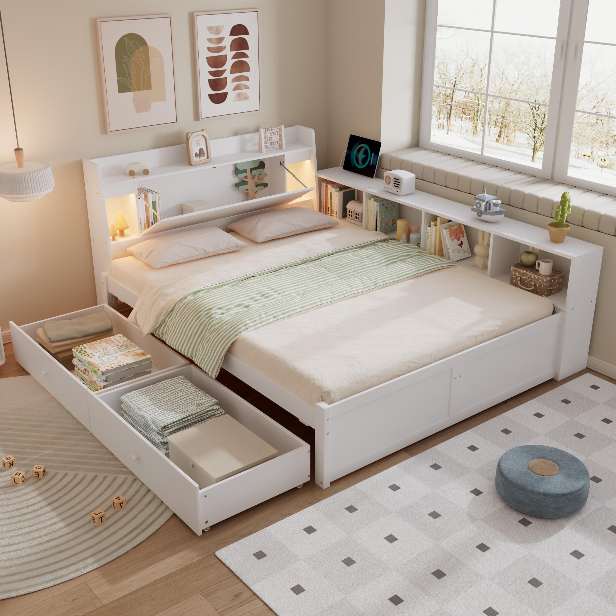 Flieks Jugendbett 140x200cm mit Ladefunktion und Led, Klassisches Bett Doppelbett mit 2 Schubladen und Regal, Holzbett Stauraumbett, Weiß