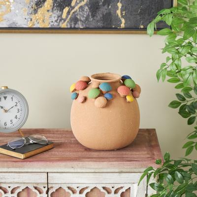 ARCILLA ELEMENTAL Brown Ceramic Round Wide Mushroom Decorative Vase with Multicolor Accents and White Speckles