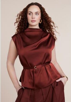 Plus Size Women's Satin Cowl Neck Belted Top by ELOQUII in Fired Brick (Size 26)