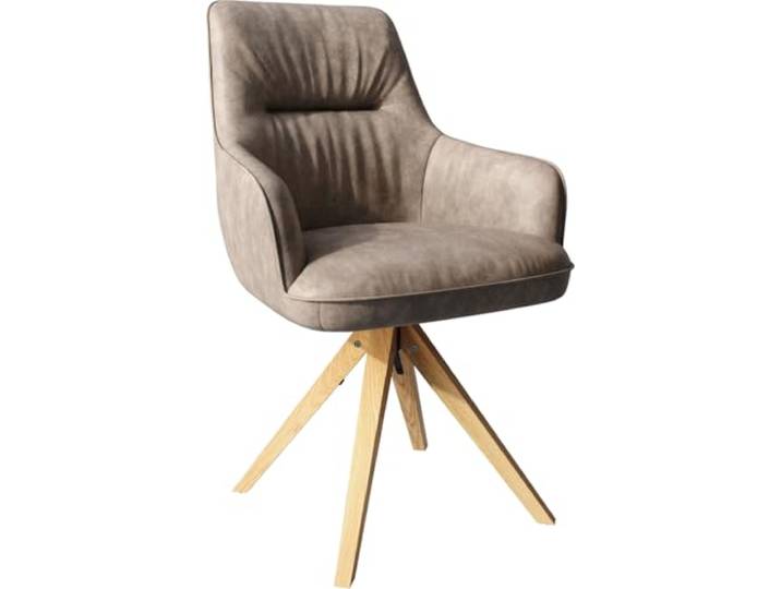 DELIFE Polsterstuhl Zelia-Flex mit Armlehnen Holzgestell kantig Natur Mikrofaser Taupe Vintage 360° drehbar Taschenfederkern