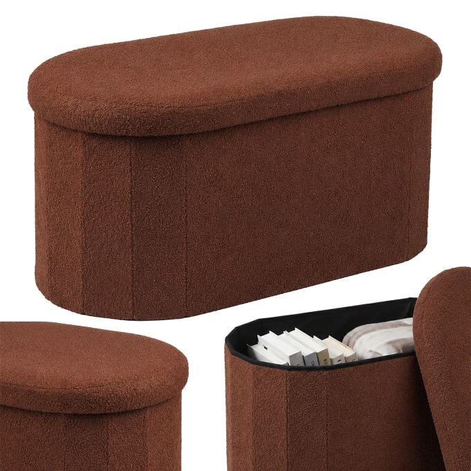 Relaxdays Zitbank met opbergvak in bruine boucle stof
