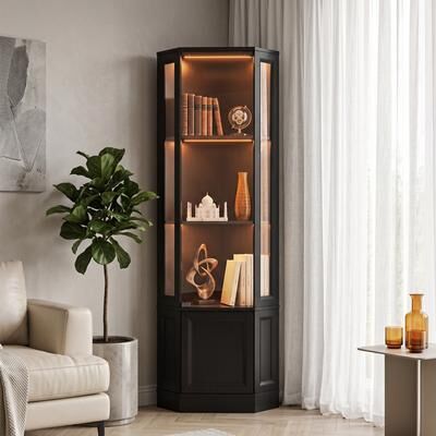 Orange Casual "65"" Corner Display Cabinet with LED Lights Curio Cabinet with Glass Doors for Collectibles Living Room Game Room"
