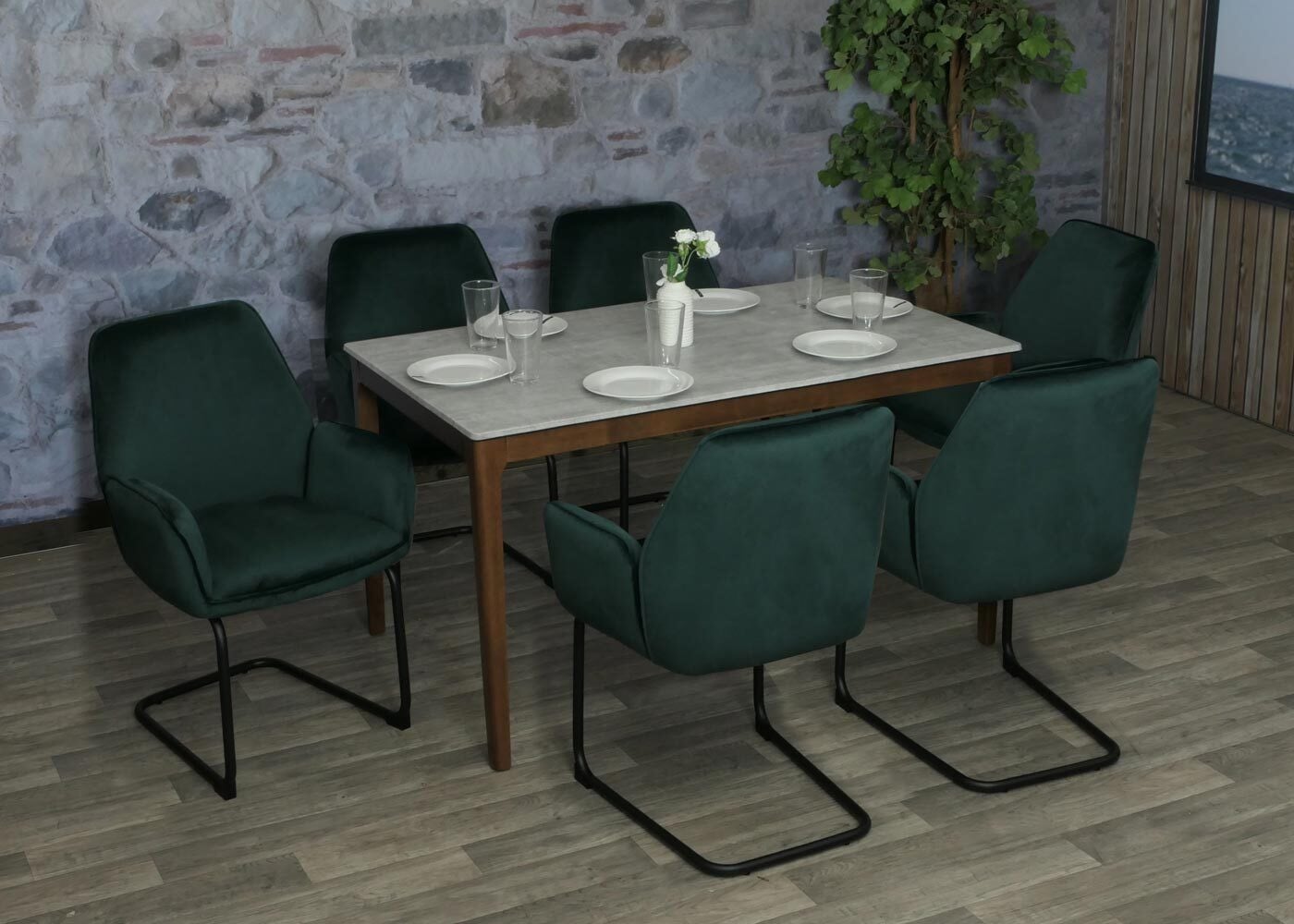 Mendler Set van 6 schommelstoelen met armleuningen, groen, stof/textiel