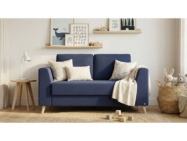 BRUNO Schlafsofa 120cm in Blau Klassik stabiles Massivholz & Boxspringkomfort