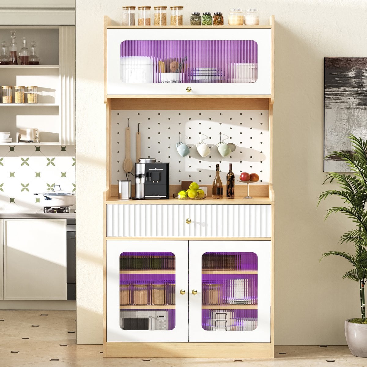 Highboard Buffetkast met Ribbenglas en LED Verlichting - Natuurlijk+Wit - Verstelbare Legplanken, Lade en Opklapdeur